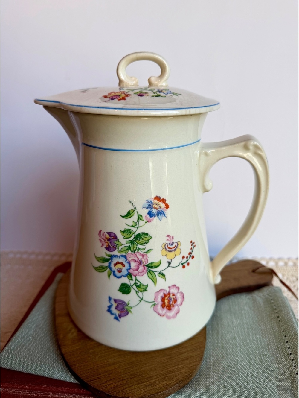Vintage 1930s Steubenville Ivory 924 Floral Covered Pitcher Blue Trim